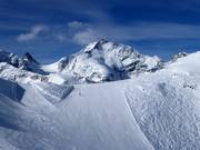 Pistes in Diavolezza met uitzicht op de Piz Bernina (4049 m)