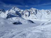 Morteratsch-gletsjerafdaling met uitzicht op de Piz Bernina (4049 m) en de Piz Morteratsch (3751 m)