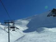 Fée 5 loopt als een buckelpiste in de falllijn tussen de rotsen en de geprepareerde piste naar beneden.