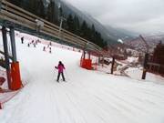 De eenvoudige piste komt uit op de middelzware piste