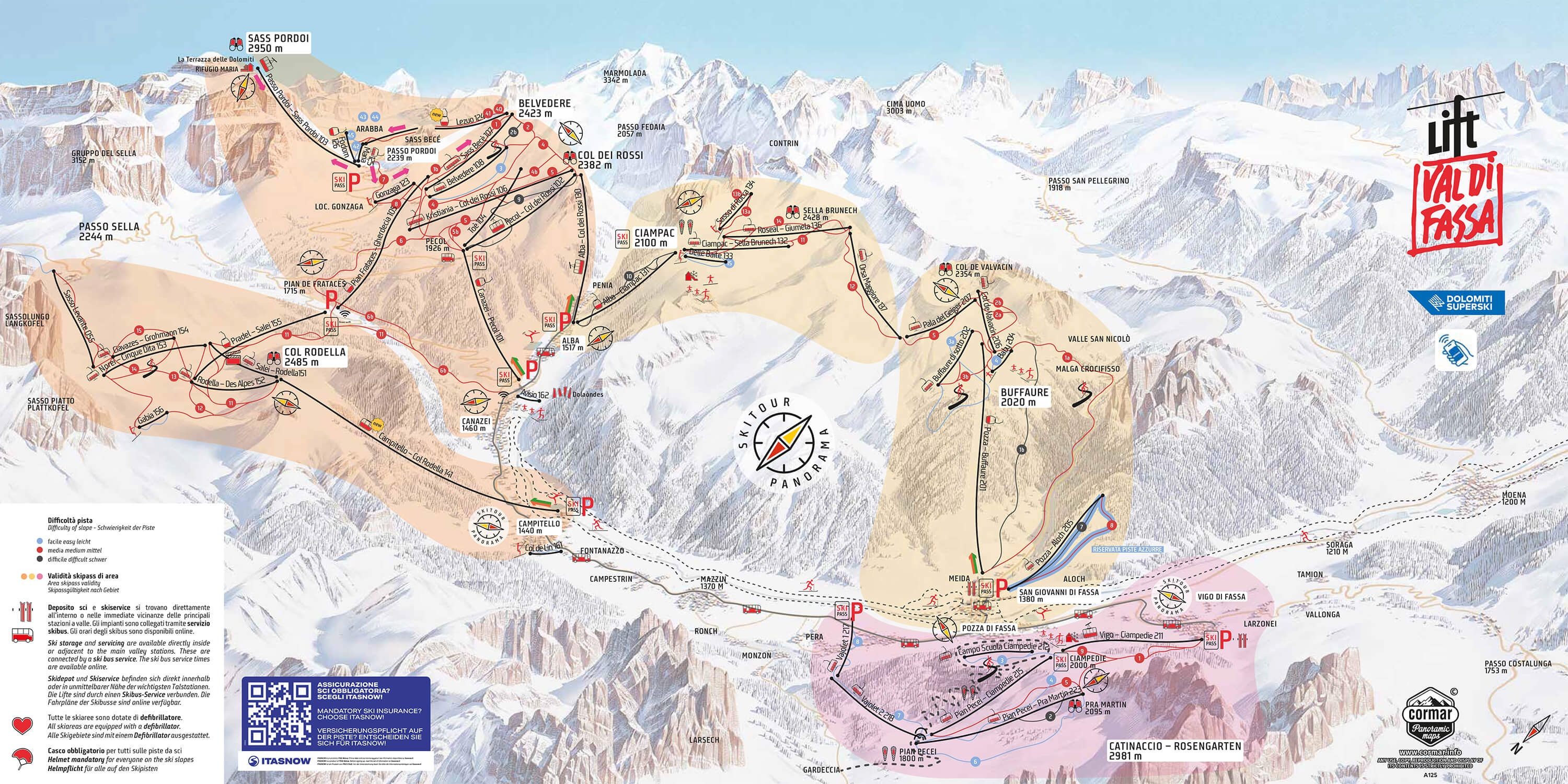 Pistekaart Belvedere/Col Rodella/Ciampac/Buffaure – Canazei/Campitello/Alba/Pozza di Fassa
